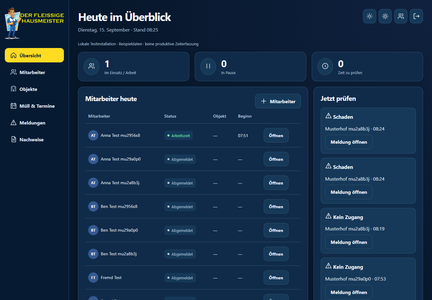 Büro-Dashboard mit Aufgaben, Problemen und Freigaben