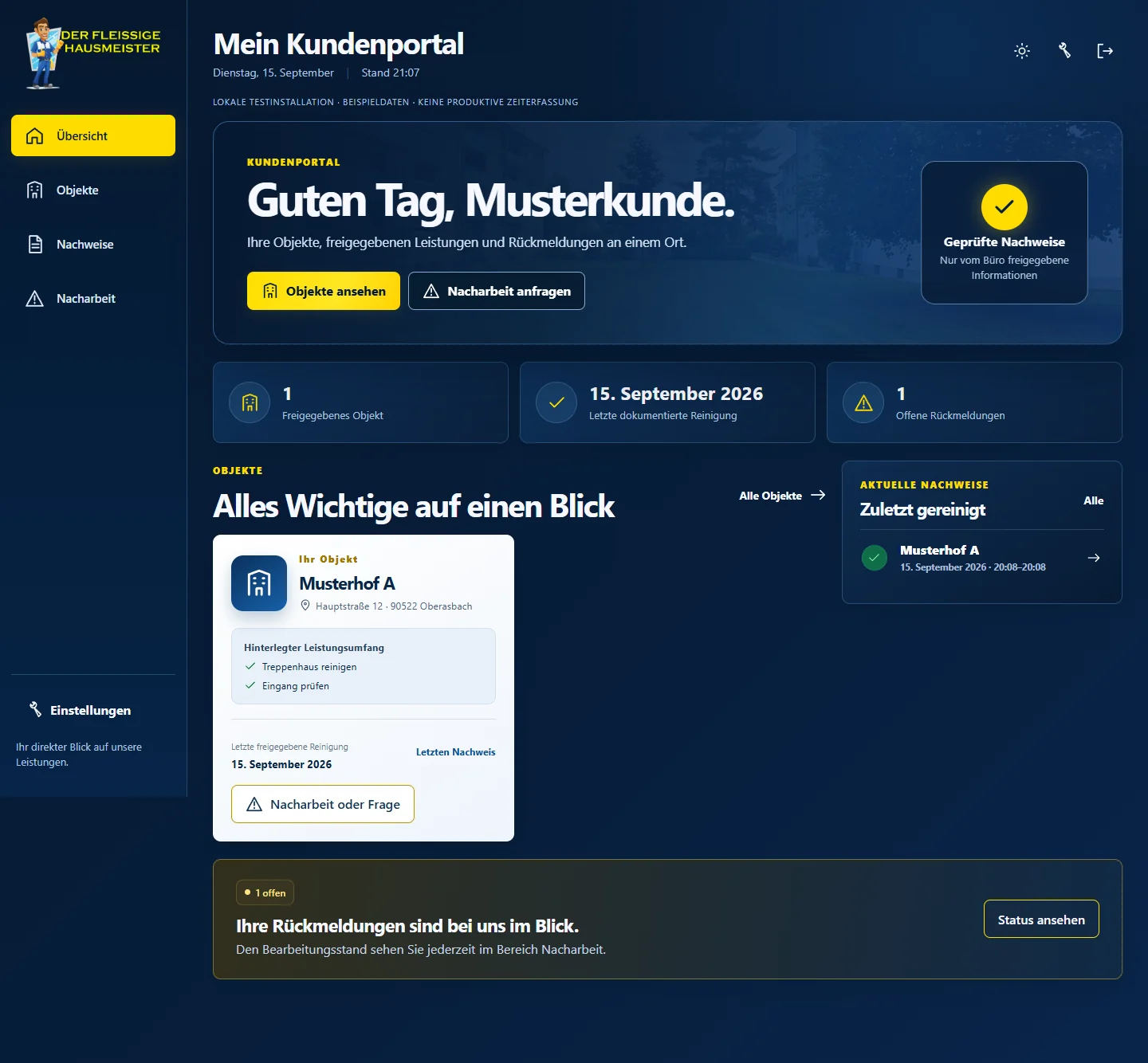 Kundenportal mit Objektübersicht, dokumentierter Reinigung und offenen Rückmeldungen