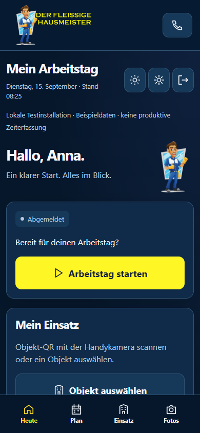 Mobile Mitarbeiter-App mit Tagesübersicht und Aufgaben