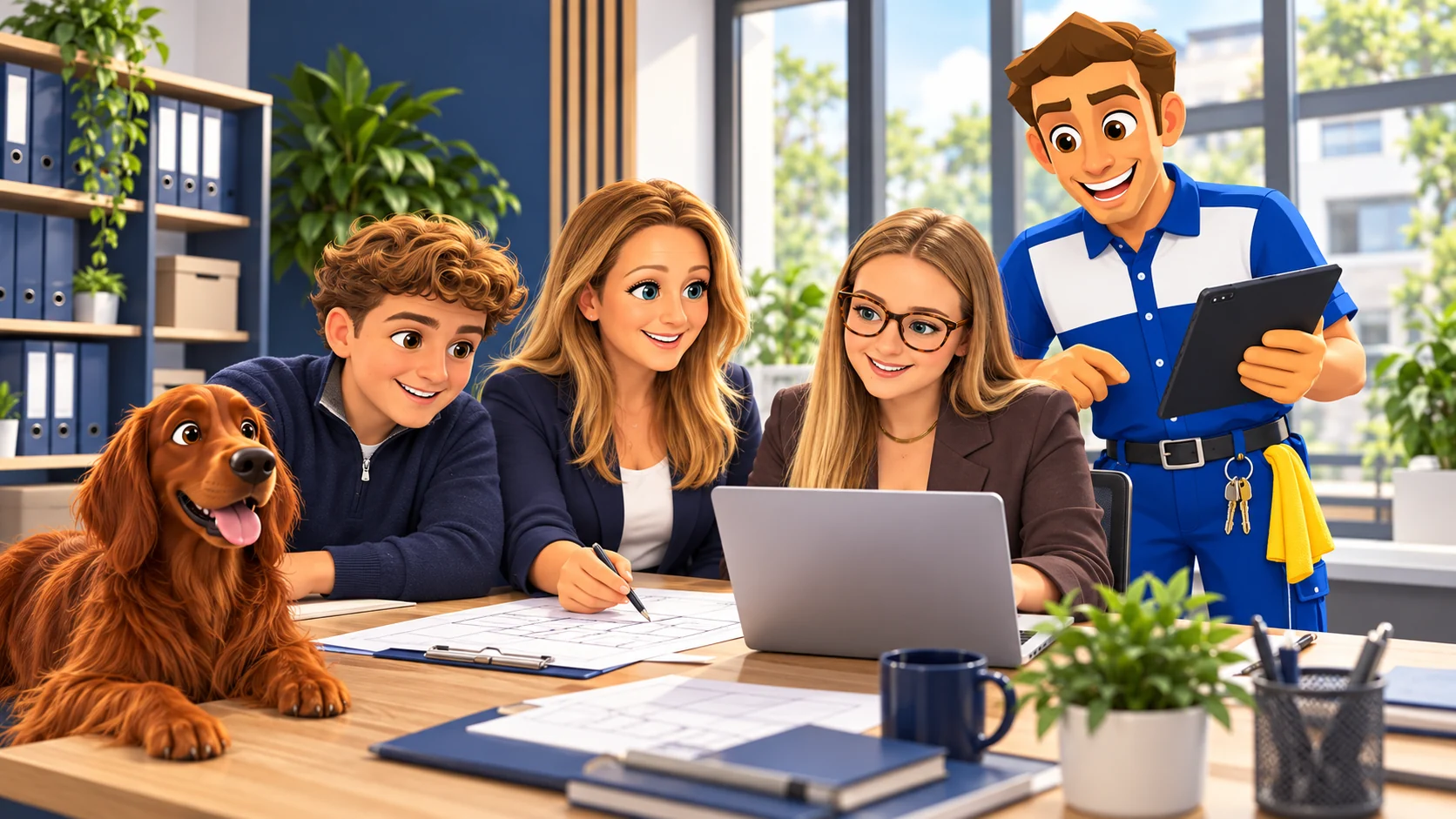 Familiengeführtes Hausmeister-Team mit Irish Setter bei der gemeinsamen Planung im Büro