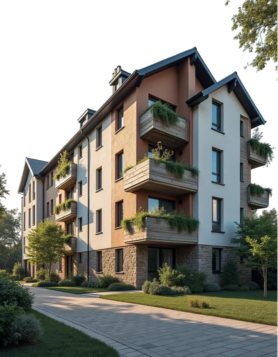 Beispielhaftes Mehrfamilienhaus mit begrünten Balkonen