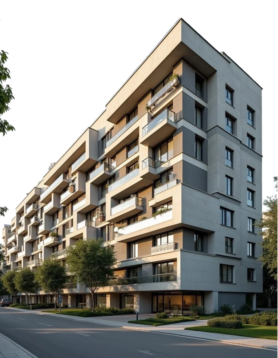Beispielhafte größere Stadtwohnanlage mit mehreren Gebäudeteilen