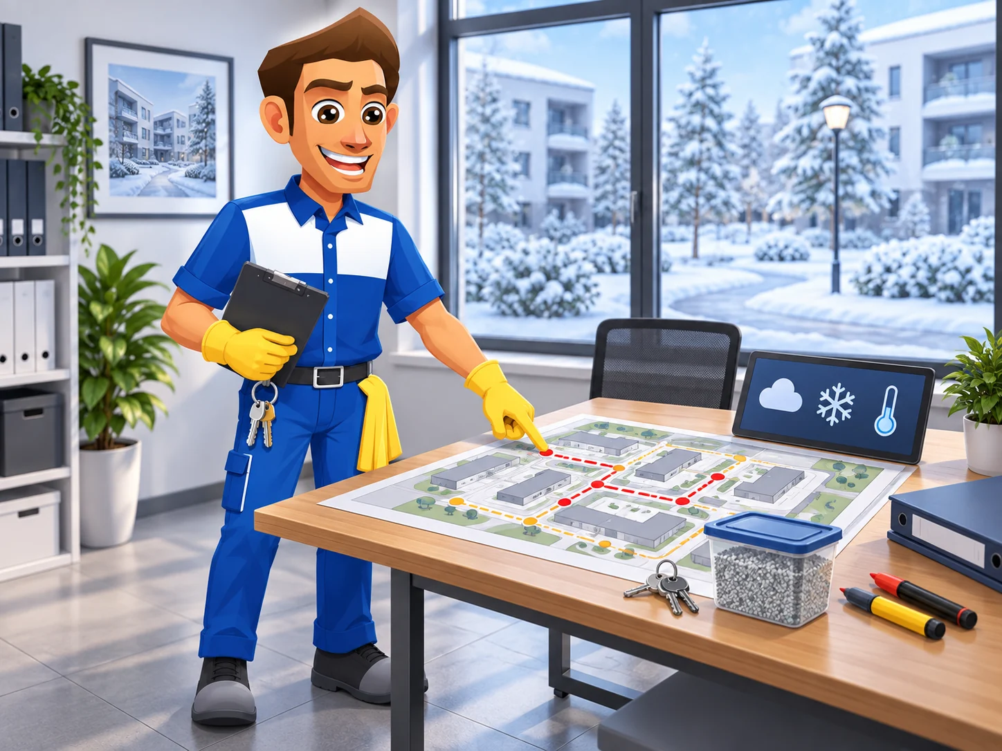 Maskottchen plant Winterdienst-Routen und Einsatzzeiten