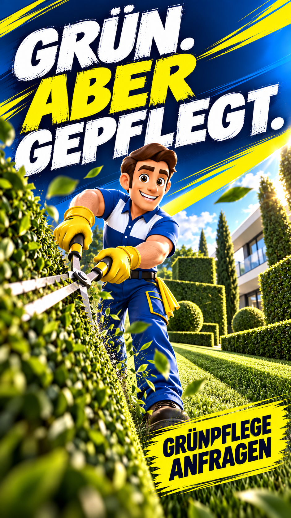 Der fleißige Hausmeister bei der Grünanlagenpflege mit dem Motiv Grün. Aber gepflegt.