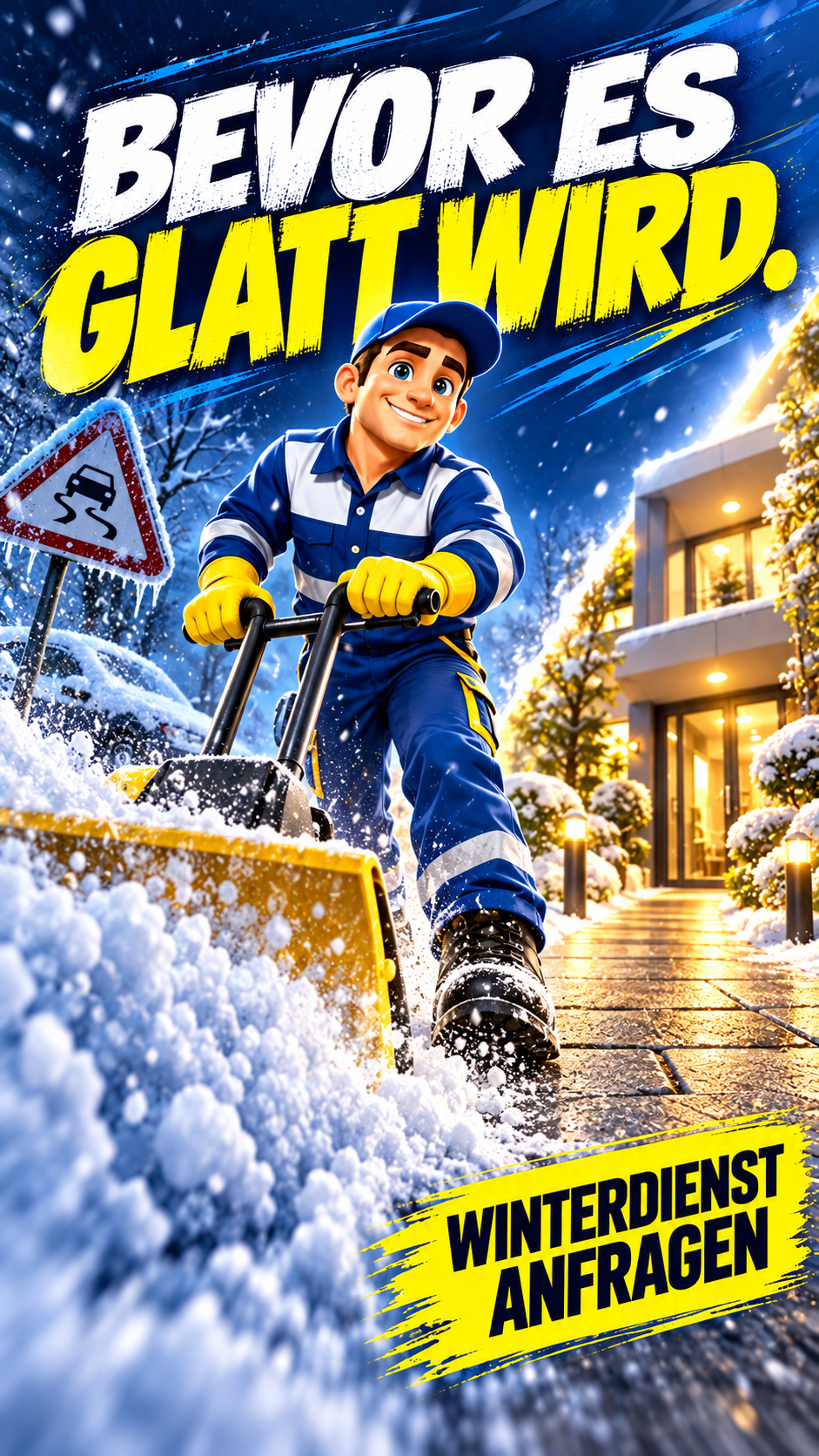 Der fleißige Hausmeister beim Winterdienst mit dem Motiv Bevor es glatt wird.